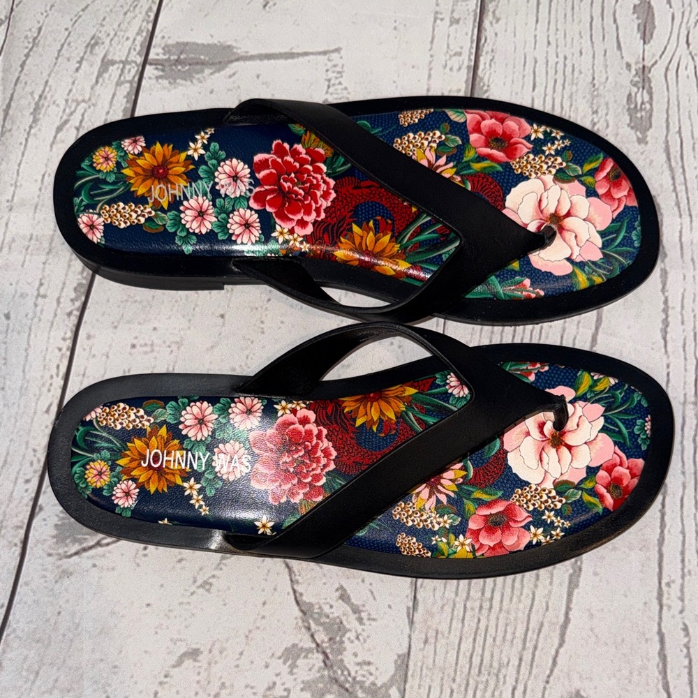Johnny Was Women's Black Strap Floral-Print Sandals Size 8.5 - Picture 3 of 7
